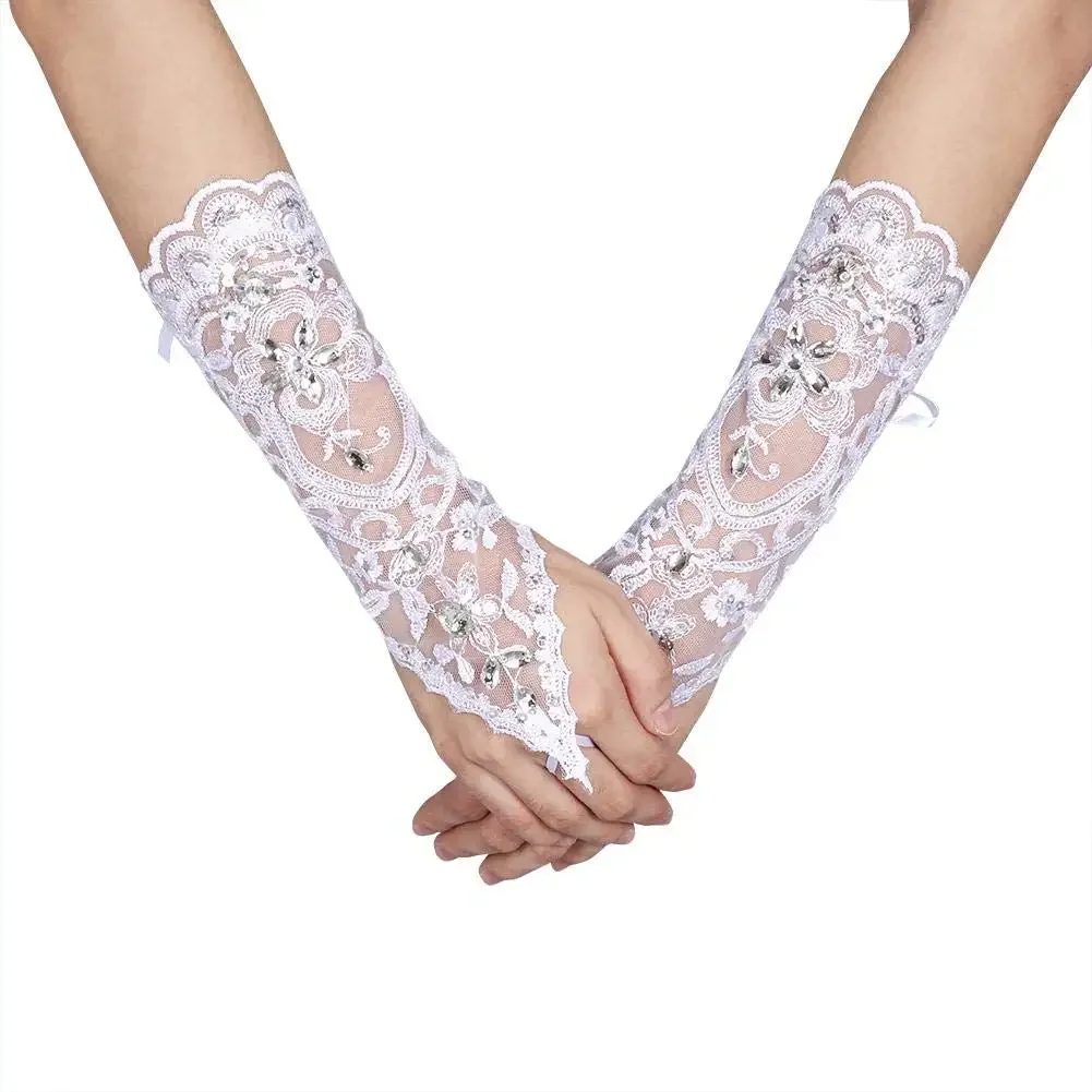 Bridal Fingerless GlovesVintage Style Ivory White Lace Bridal Long Fingerless Gloves Rhinestones Sexy Fingerless Gloves