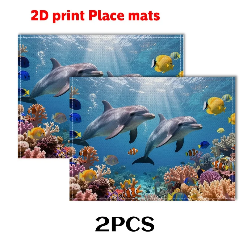 2Pcs Dolphin Ocean Linen Placemat Sea World Coral Reef Fish Table Mat Heat Resistant Coaster Swimming Pool Dining Pad Gift
