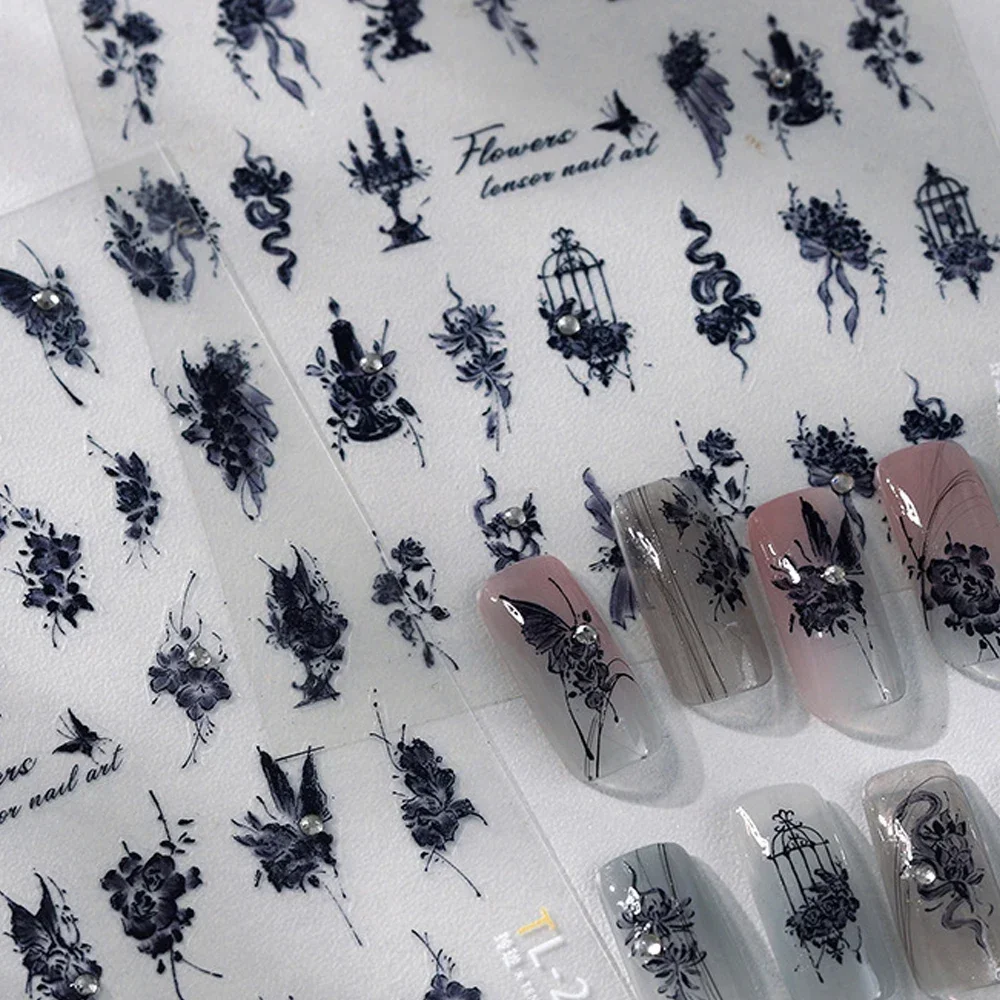 Dark Style Spider Nail Art Stickers Spider Web Cross Cobweb 5D Purple Glitter Love Heart Jelly Self Adhesive Manicure Decals