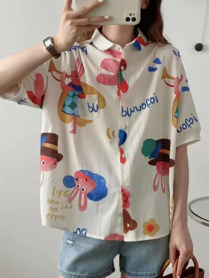 

Loose Casual Cotton Short Sleeve Women's Shirt Korean Style Printed Casual Fashion Loose Fit Top for Daily Wear