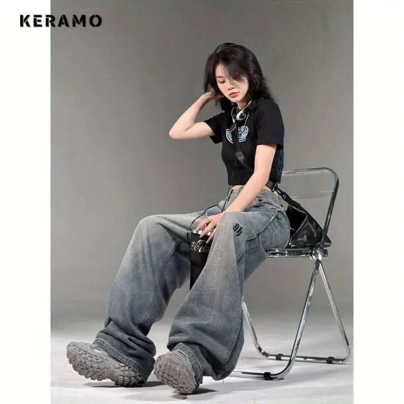 American Vintage Straight Casual Baggy Jeans mit hoher Taille Damen Y2k Wide Leg Grunge Streetwear Style Jeans hose