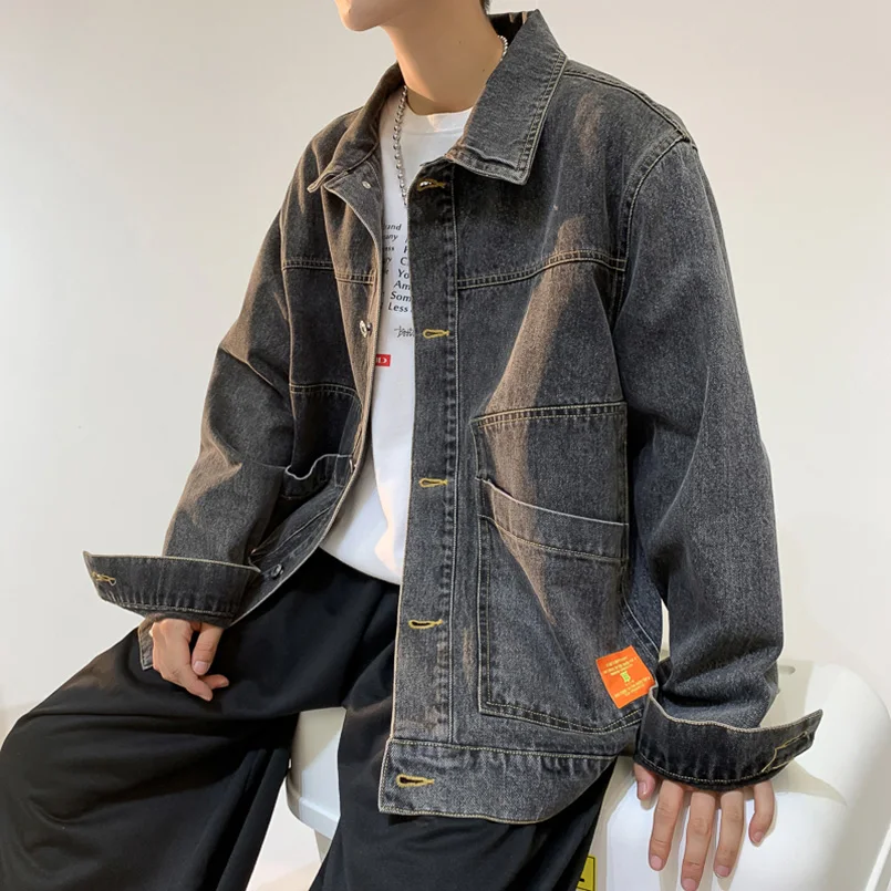 

Мужская джинсовая куртка свободного кроя в корейском стиле, модная рабочая одежда, повседневная верхняя одежда для весны и осени, молодежная однотонная куртка