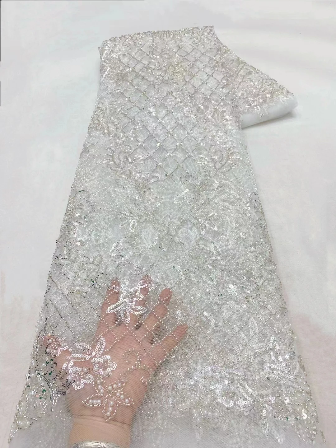 High-end lace embroidery mesh beads fabric embroidery, fine fashion sequins bead tube wedding dress dress fabrics