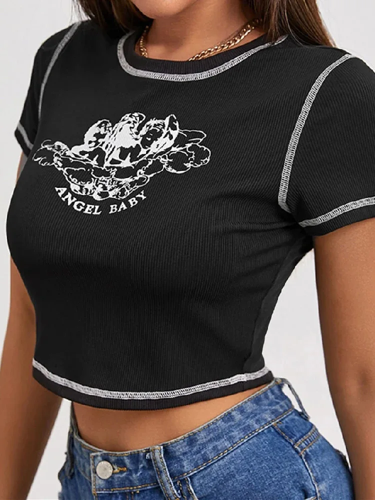 Women\'s Stylish Angel Letter Printed T-Shirt Short Sleeve Round Neck Contrast Stitch Slim Fit Wild Casual Crop Tops for Summer