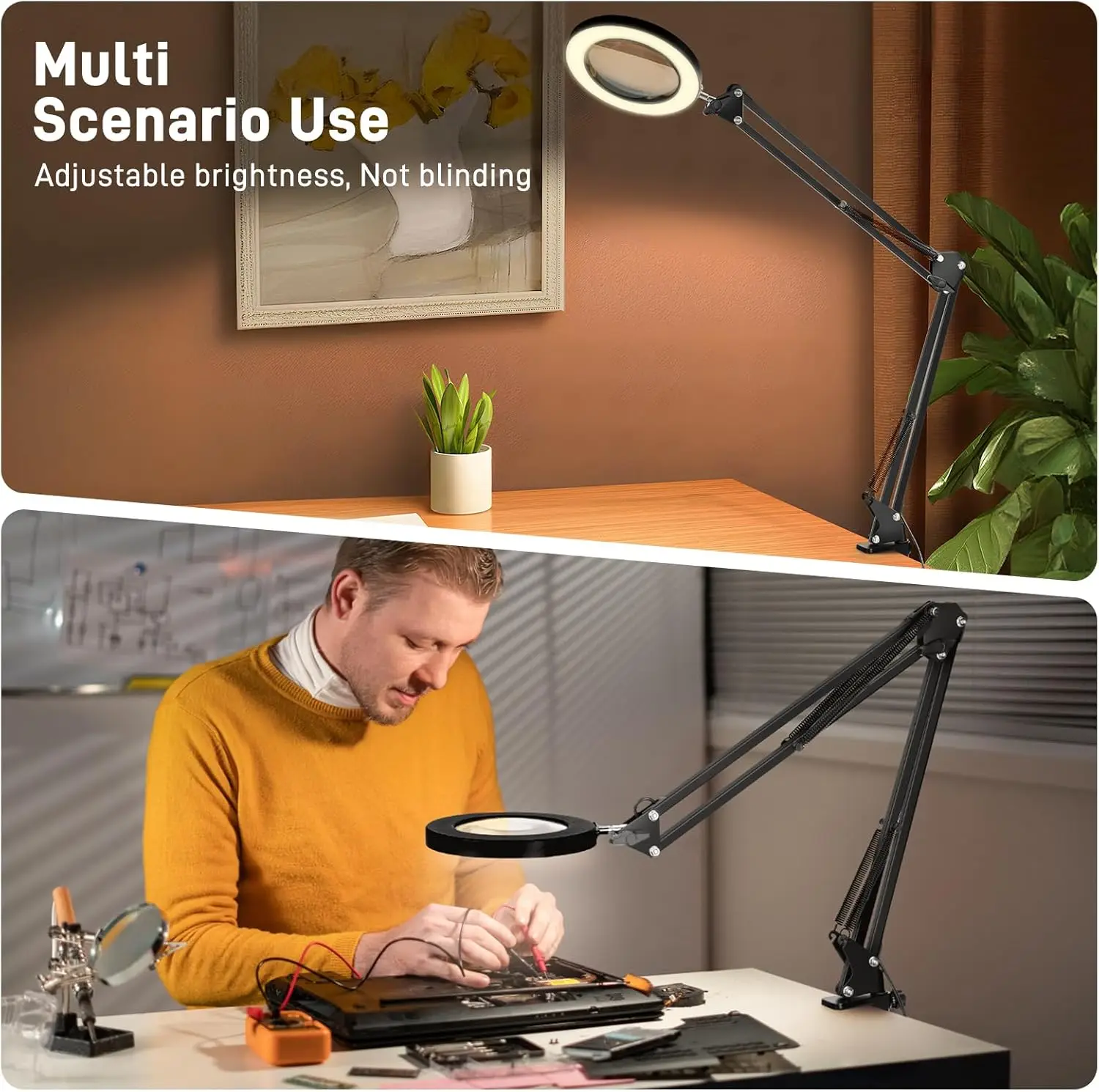 Magnifying Glass with Light and Clamp, 5 Color Modes Stepless Dimmable LED Lighted Magnifier Hands Free Magnifying Desk Lamp