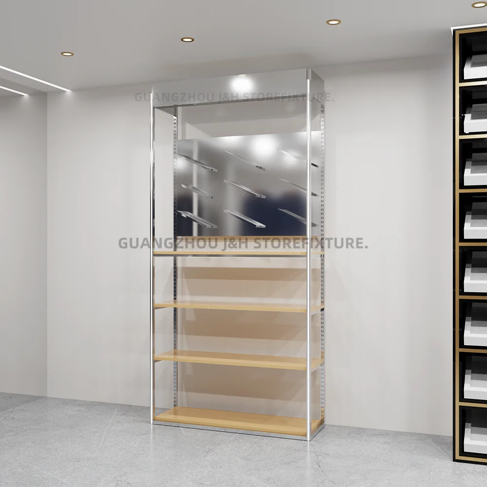 Custom. Custom. Custom.4-Tier Schoenenrek Roestvrij Stalen Schoen Led Organizer Mdf Schoenenwinkel Gepolijste Plank Verstelbare Holde