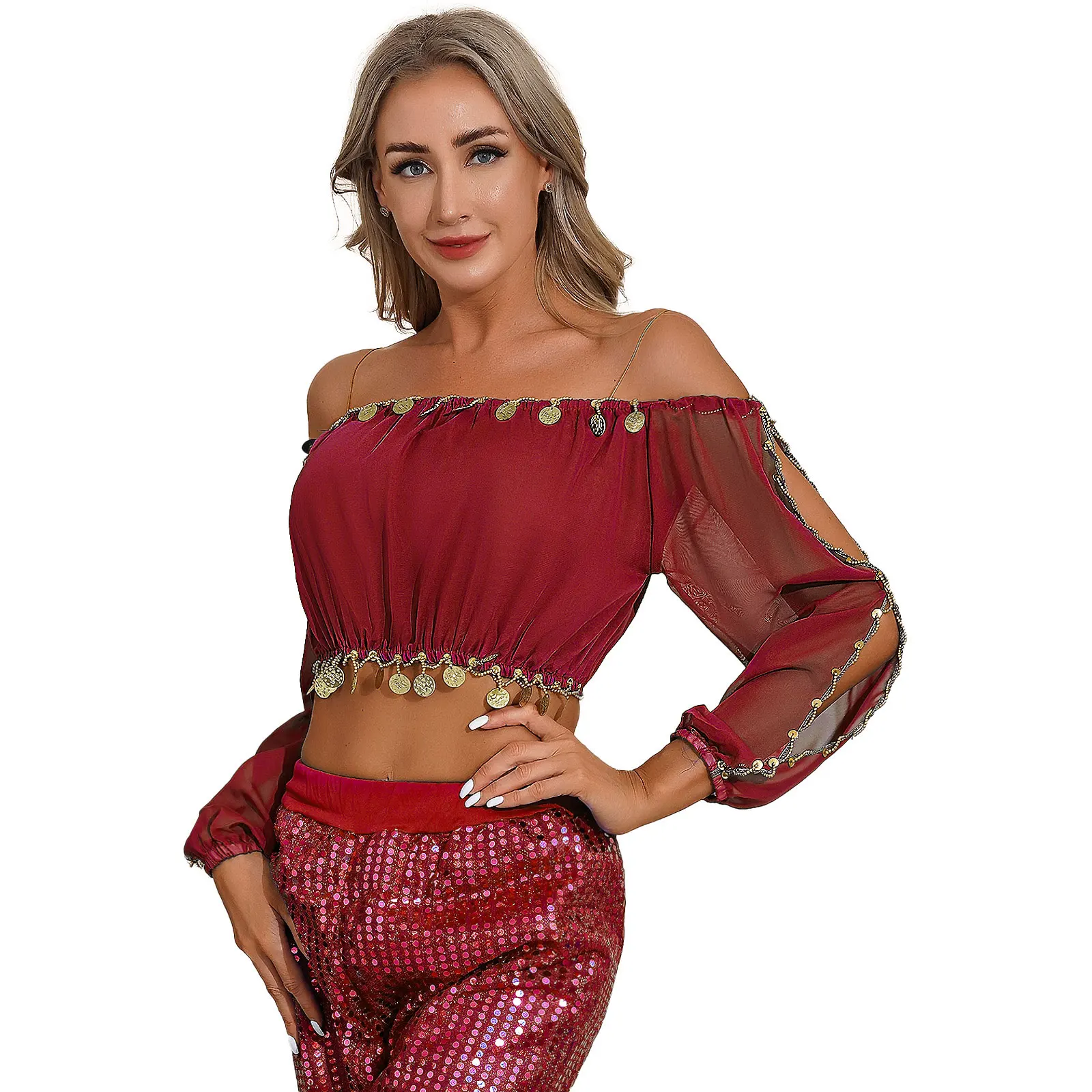 Roupa feminina brilhante para dança do ventre, ombro de fora, manga longa bufante, top crop e lantejoulas, saia de chiffon, traje de festa de dança