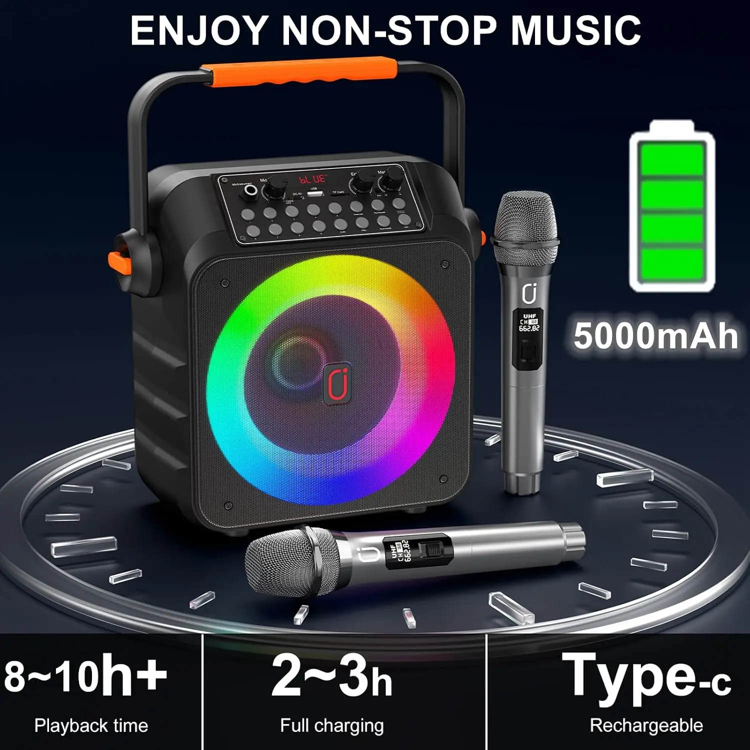 Portable Bluetooth Karaoke Speaker with 6.5-Inch Subwoofer, Two Wireless Microphones, and PA System for Adults, Supports Vocal Remover & REC, Home and Party Singing Machine (Black)
