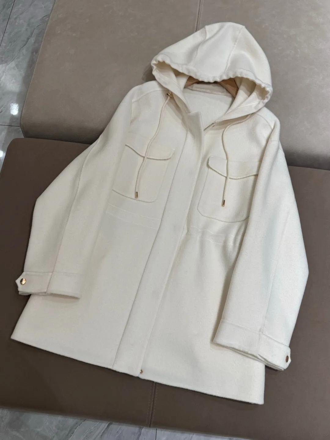 Women\'s Autumn Winter 2024 L*P Hooded Cashmere Wool Coat White Zip-up Midi Jacket Coat Waisted Drawstring Parka