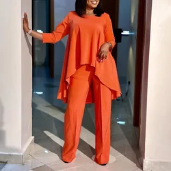 Women 2 Pieces Pants Sets Solid Blouse & Long Trousers Fashion African Ladies Outfits Matching Pants Sets Clothes 2024 New Trend