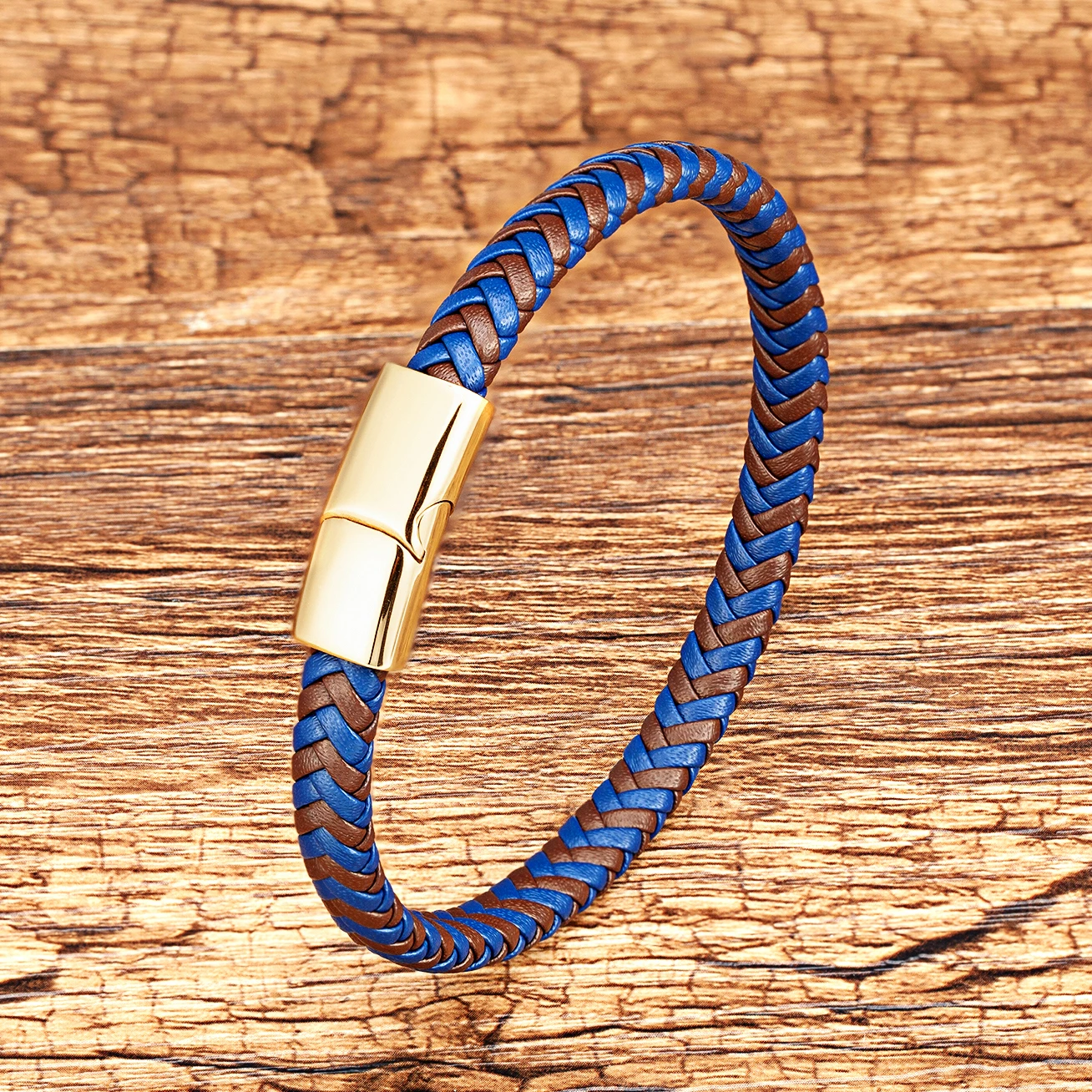 Classic Blue Brown Wrap Leather Braided Bracelet Charm Stainless Steel Clasp Magnetic Bracelet Rope Chain Bangles Jewelry