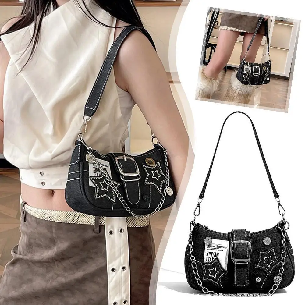 

Trendy Women's Shoulder Bag Stars Pattern Cool Girls Tote Vintage Canvas Female Small Shoulder Bags Chain Tote Purses