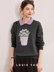 LOUIS YAO 2024 Winter Color Blocked Collar with Thick Velvet Printed Bead Embroidered Micro Elastic Loose Women's Hoodie