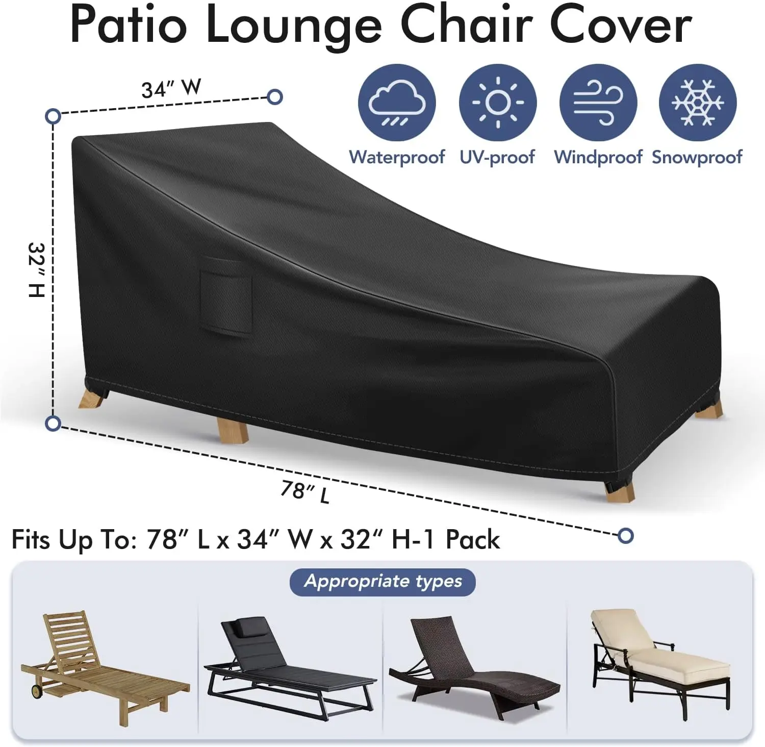 Chaise Lounge Covers Outdoor Waterproof, Heavy Duty Patio Furniture Covers, Outdoor Furniture Covers Pool Lounge Chair Cover Fit