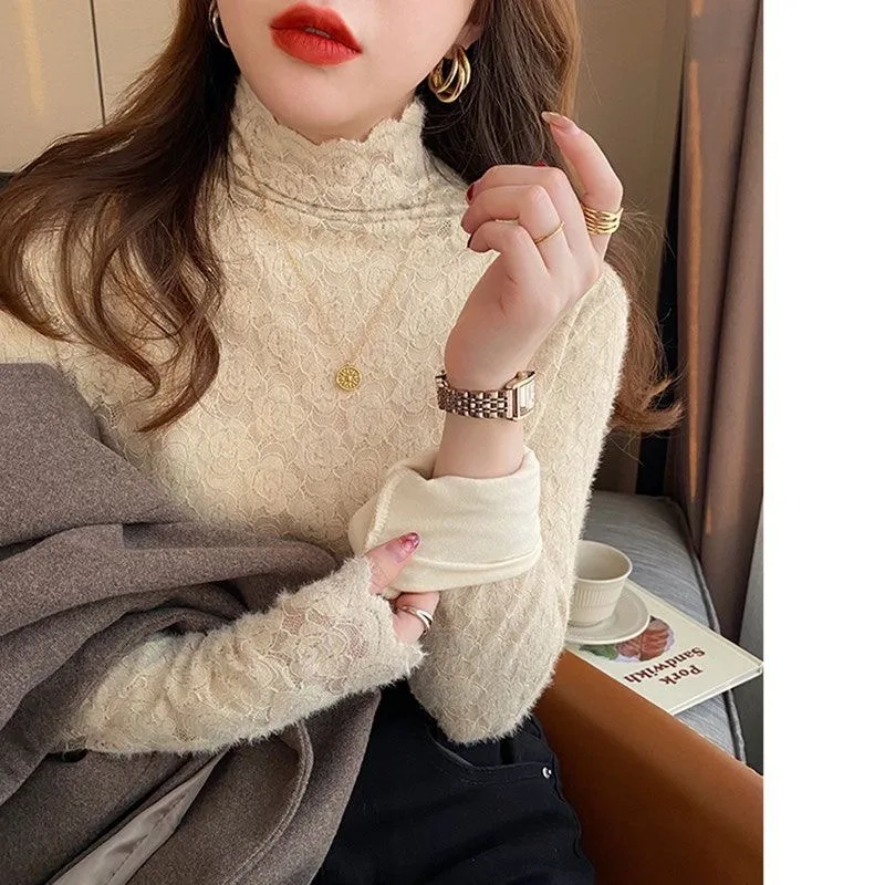 

Add Velvet Half High Collar Lace Base Unlined Upper Garment Female Build Autumn Winter Foreign Gas Long Sleeved Chic Top Tide
