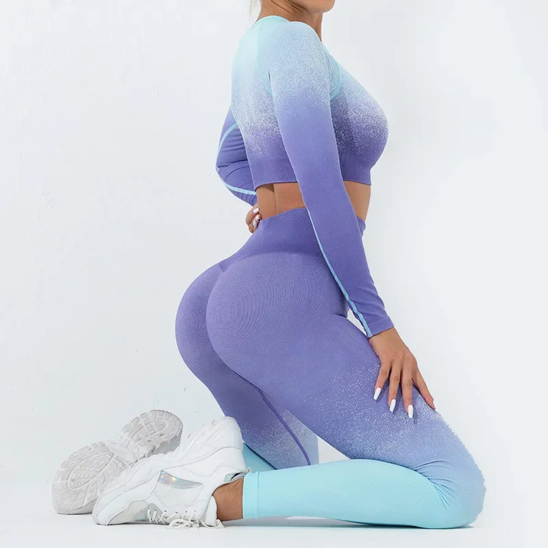 Sem costura yoga gradiente cor define esportes fitness pêssego hip-lifting calças de manga comprida ternos treino ginásio shorts conjuntos para mulher