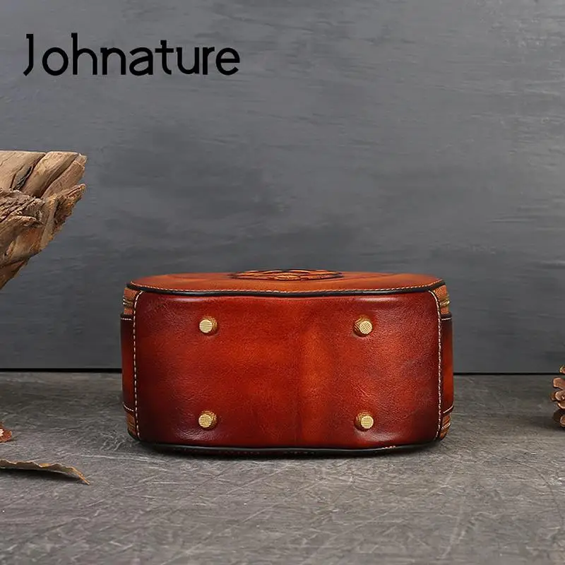 Johnature 2024 New Retro Genuine Leather Women Bag Hand Made Animal Pattern Embossing Handbag Real Cowhide Shoulder Bags