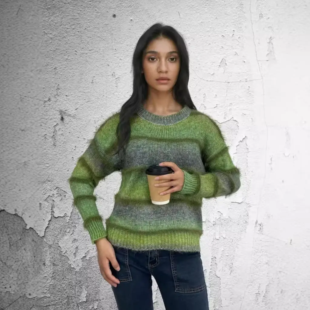 

Gradient Contrast Color Strip Short Sweater Women's Loose Sleeve Pullover Autumn Winter Top Style