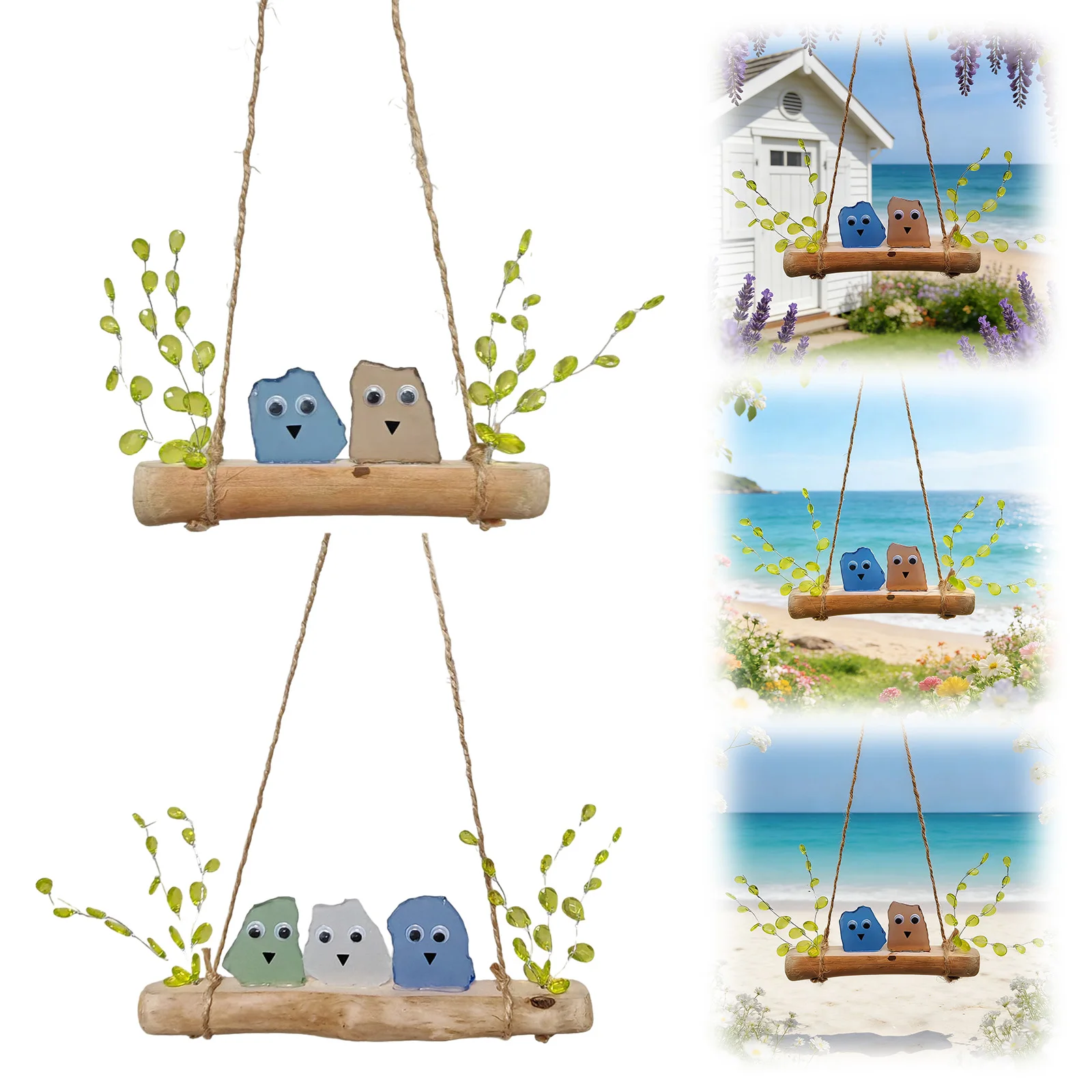 Sea Glass Birds on Branch Driftwood Art for Balcony Garden Home Decor Sea Glass Bird Perch Ornament Gift for Nature Lovers