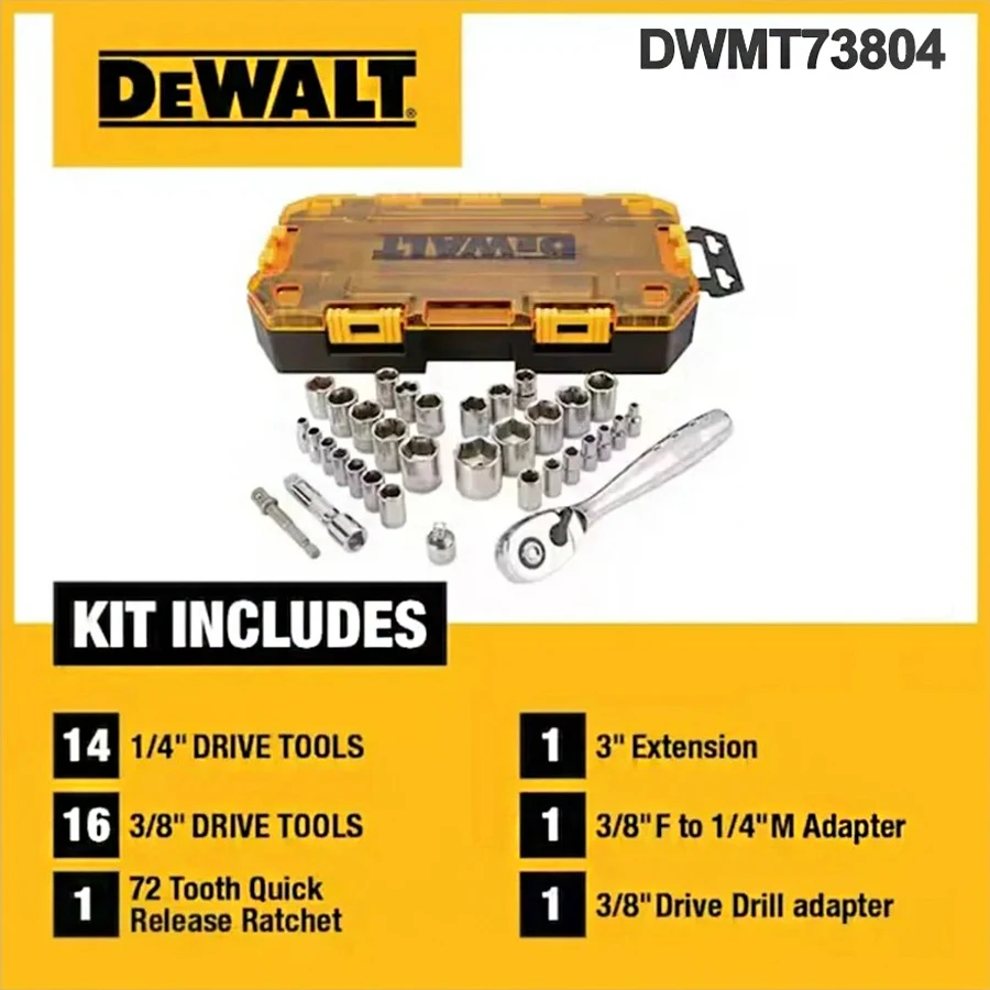 DEWALT DWMT73804-23 34Pcs 1/4''and 3/8'' Socket Wrench Set Drive Socket Set Sleeve Accessory Set Power Tool Accessories