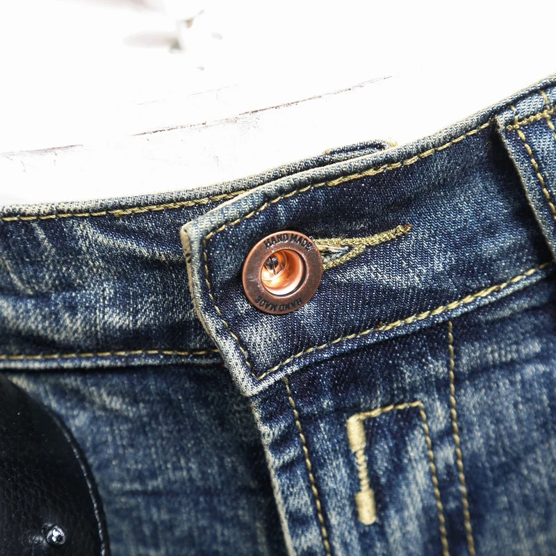 Newly Designer Fashion Men Jeans Retro Washed Blue Elastic Stretch Slim Fit Ripped Jeans Men Patched Vintage Denim Pants Hombre