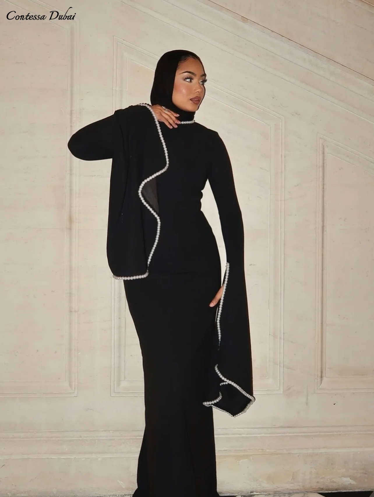 

Contessa Dubai Custom Horseshoe pearl sleeves Elegant Prom Dress With scarf Vestidos de noche Muslim Formal evening event dress