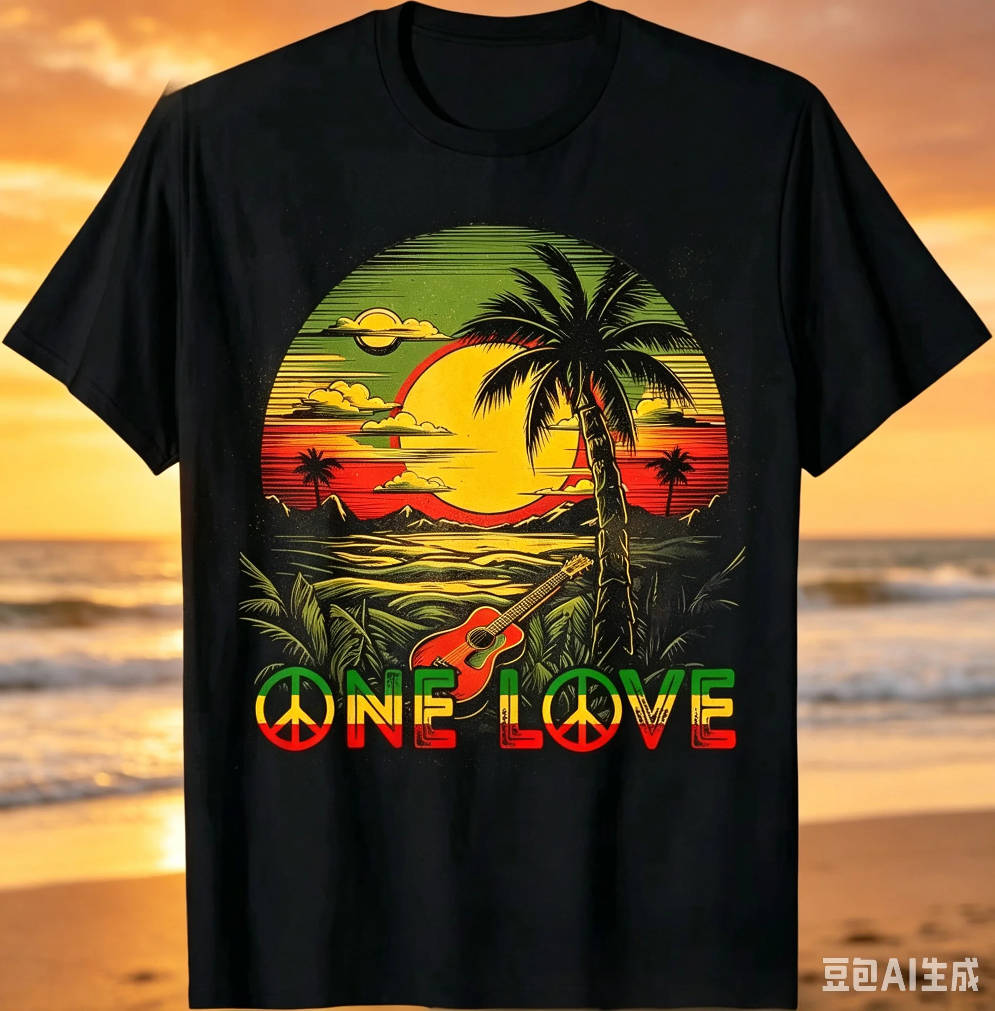 2026 Reggae Music Guitar Rasta Pride Jamaica Rasta Reggae Sunset T-Shirt Fresh Chic Edgy Tshirts Edgy Chi Y2K