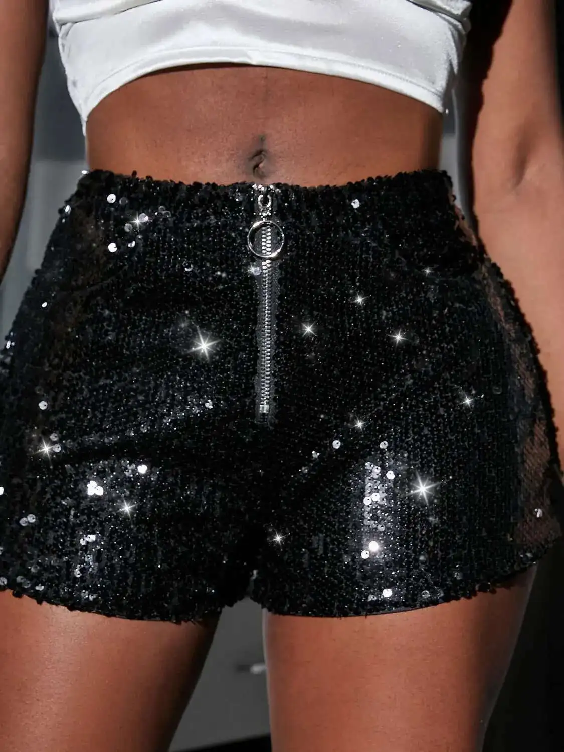 새로운 다목적 스팽글 하이 웨이스트 반바지 캐주얼 반바지 바 댄스 공연 반바지 샤인 지퍼 섹시한 순수한 욕망 나이트 클럽 XMWV