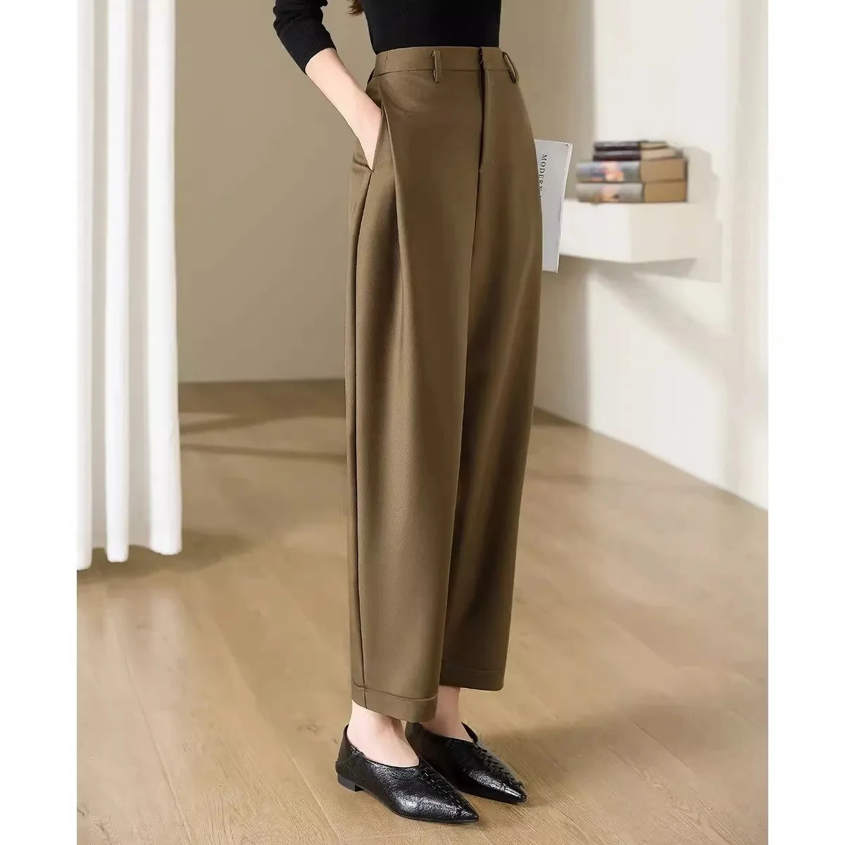 

2024 Autumn and Winter Women's Solid High Waist Loose Halun Pants Button Woolen Folds Fashion Casual Commuter All-match Trousers