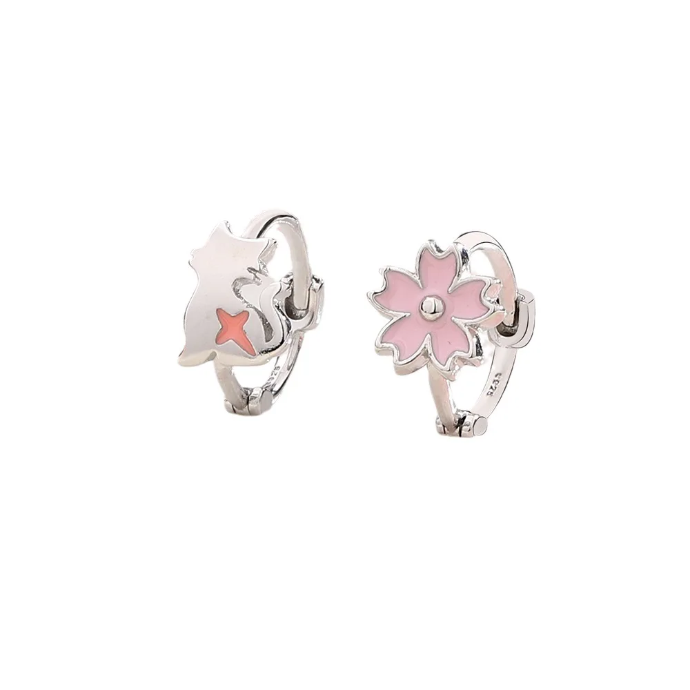 925 Sterling Silver Pink Flowers Asymmetrical Cat Hoop Earrings for Women Girls Piercing Jewelry Women\'s Party Wedding Pendiente