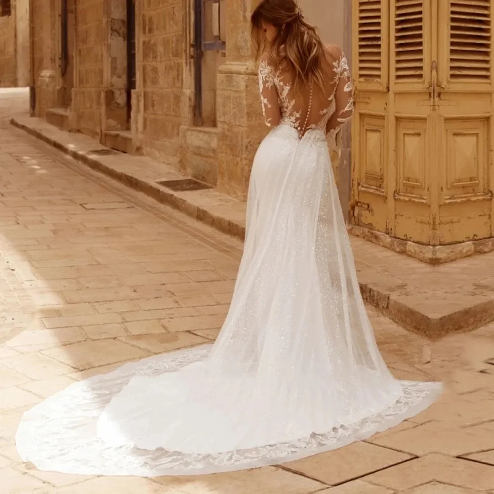 Op Zhu Satijn Zeemeermin Trouwjurken Lange Mouw Appliques Bruidsjurk Kant Vrouw Bruid Boho Bruidsjurk Vestidos De Novia