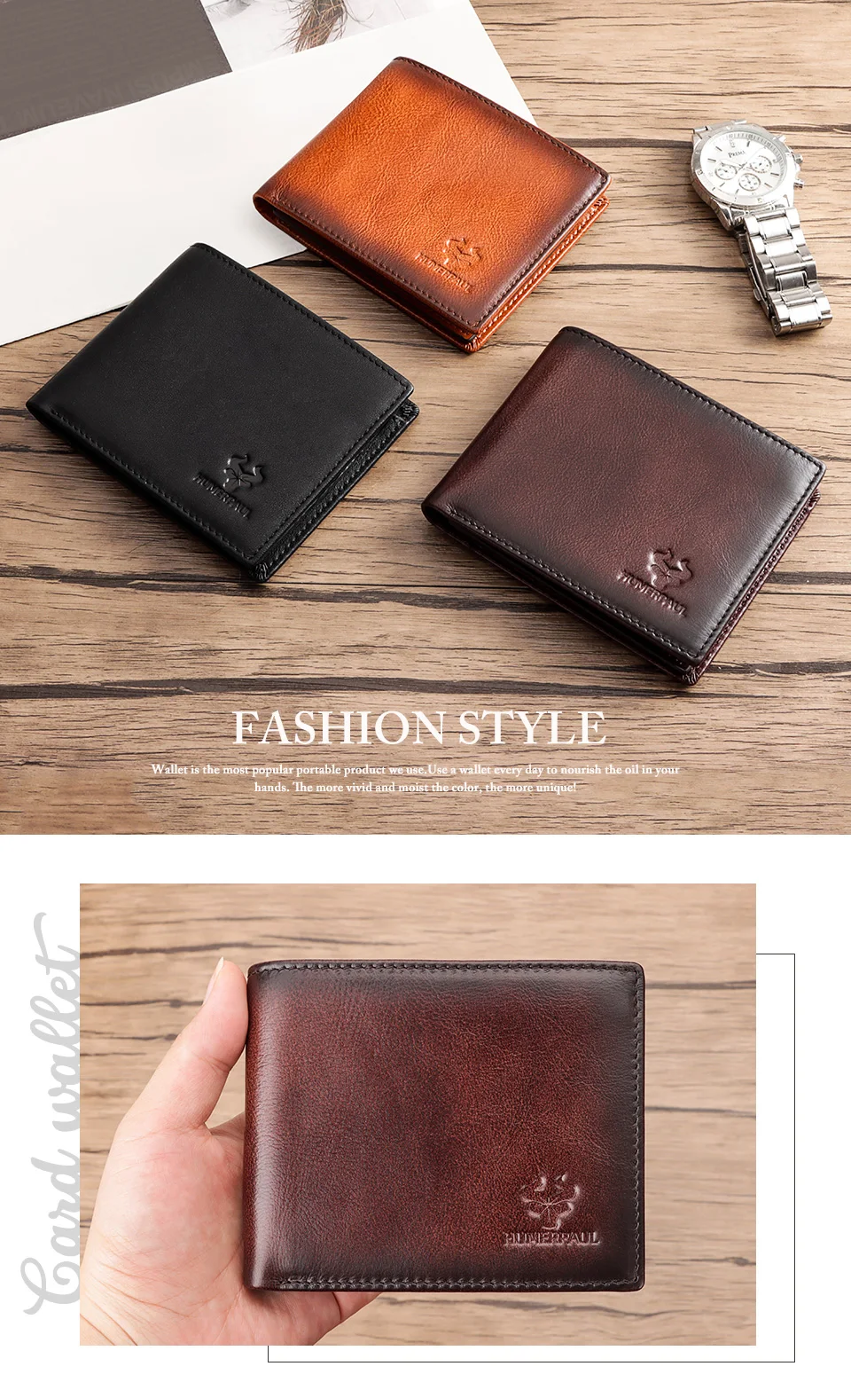 HUMERPAUL Geldbörse für Herren, echtes Leder, RFID-blockierend, Bifold, stilvoller Kartenhalter, Geldbörse mit Ausweisfenster, klassische Herren-Geldtasche – Detail 1