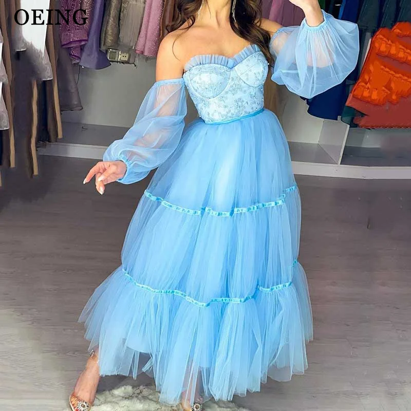 

OEING Elegant Sky Blue Evening Dresses Simple Off The Shoulder Lantern Sleeves Prom Dress Party Date Dress Vestidos De Fiesta