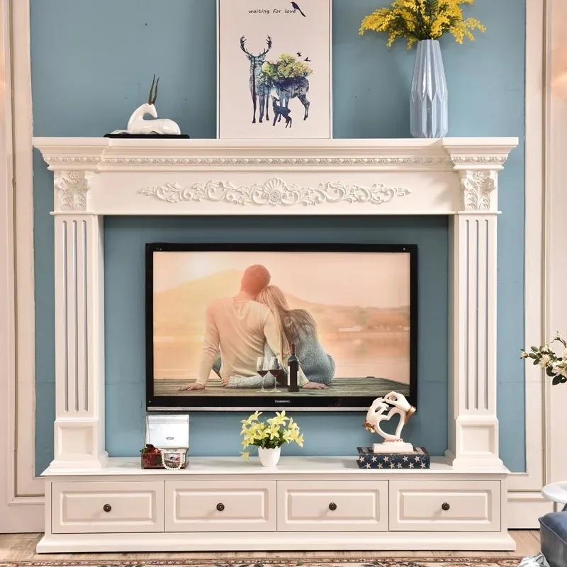 خزانة مدفأة خشبية من الريف الأوروبي بطول 2 متر حامل تلفاز أبيض منحوت زخارف زخرفية فاخرة وحديثة لغرفة المعيشة المنزلية