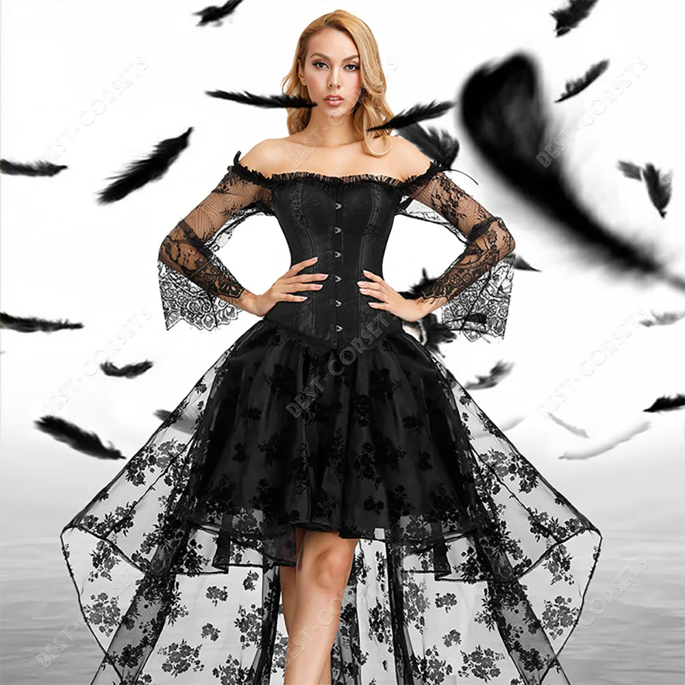 Gothic Corset Dresses for Women Sexy Vampire Bridal Corset Cosplay Black Lace Sleeve Dress with Corset Top