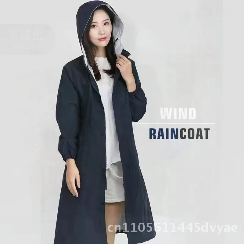 Chubasquero cortavientos impermeable de cintura larga ajustado para mujer, impermeable a prueba de viento, impermeable para montar en adultos, moda gris azul