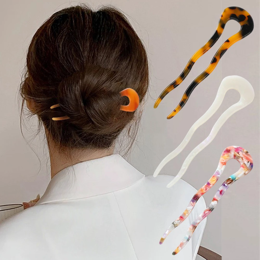 French Twist Hair Stick Hair Clip Acetate Wavy U-Shaped Hairpin Vintage Tortoise Shell Women Hair Bun Pin Headwear Accessories image 2