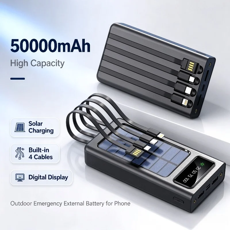 50000mAh Solar Charger Power Bank Built-in 4 Cables Digital Display Outdoor Emergency External Battery for Phone