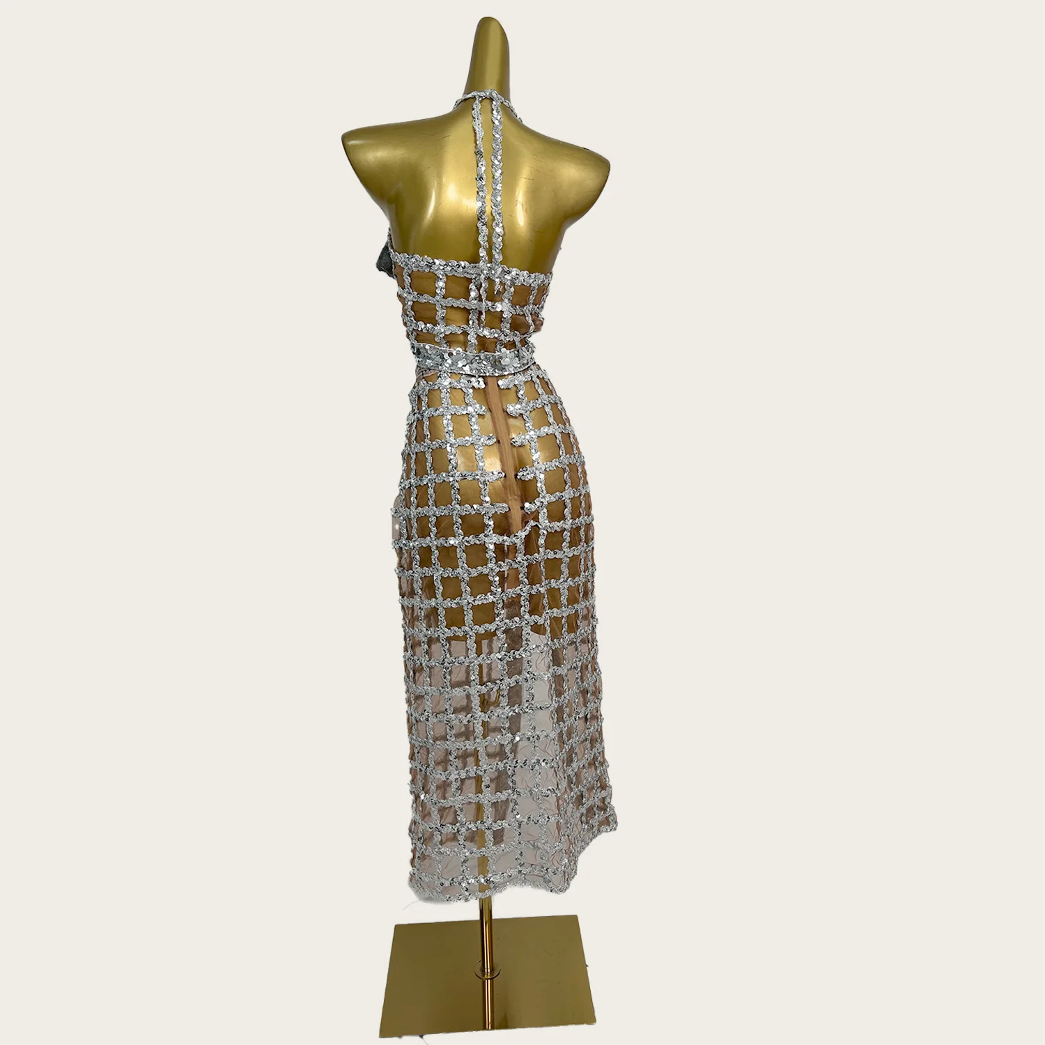 Donne sexy vedono attraverso il vestito a rete Showgirl Stage Performance Wear Bar DJ Dance Crop Top Gonna lunga 2 pezzi Set Party Outfit