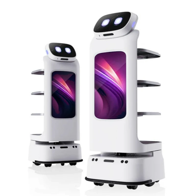Günstiger Verkauf Intelligenter Selbstbedienungs-Restaurant-Lebensmittelliefungsroboter 21 Zoll Werbebildschirm Kellnerroboter für den Supermarkt