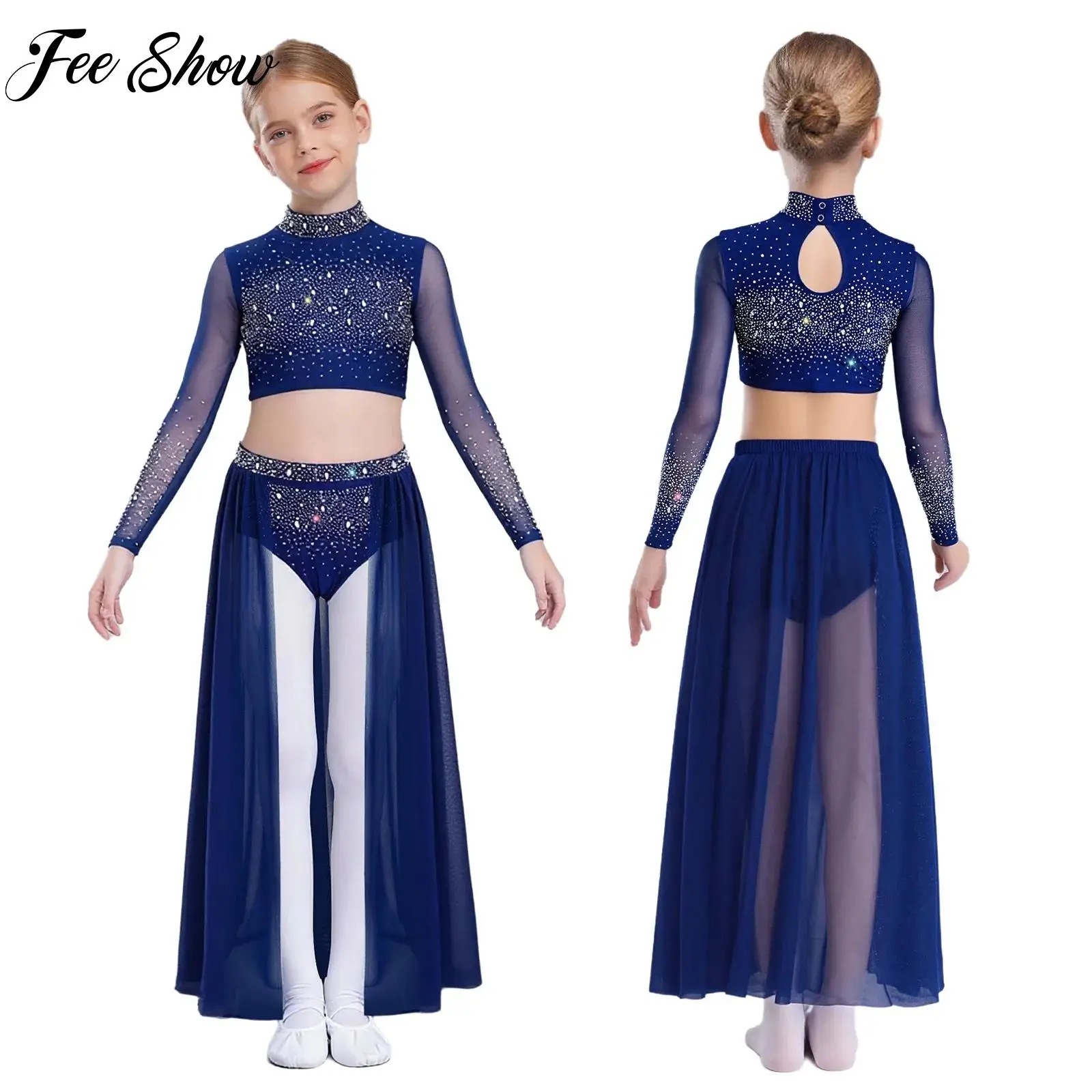 

Girls Lyrical Contemporary Dance Outfits Long Sleeve Rhinestones Crop Top with Skirt Modern Dance Ballet Figure Skating Costume