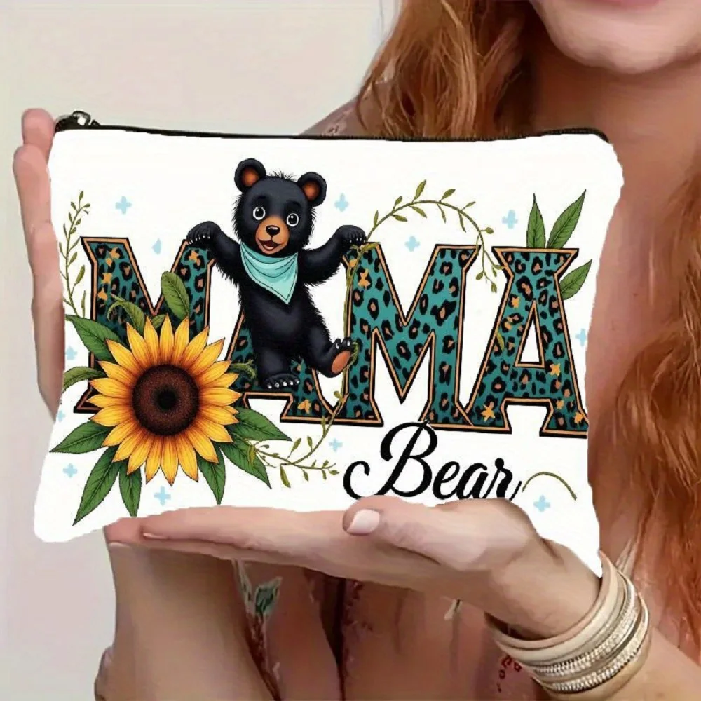 1 Piece Cute Bear Mom and Sunflower Leopard Print Makeup Bag - Multifunctional Zipper Pouch for Women, Perfect Travel Zipper Storage Bag, Fun Birthday Gift