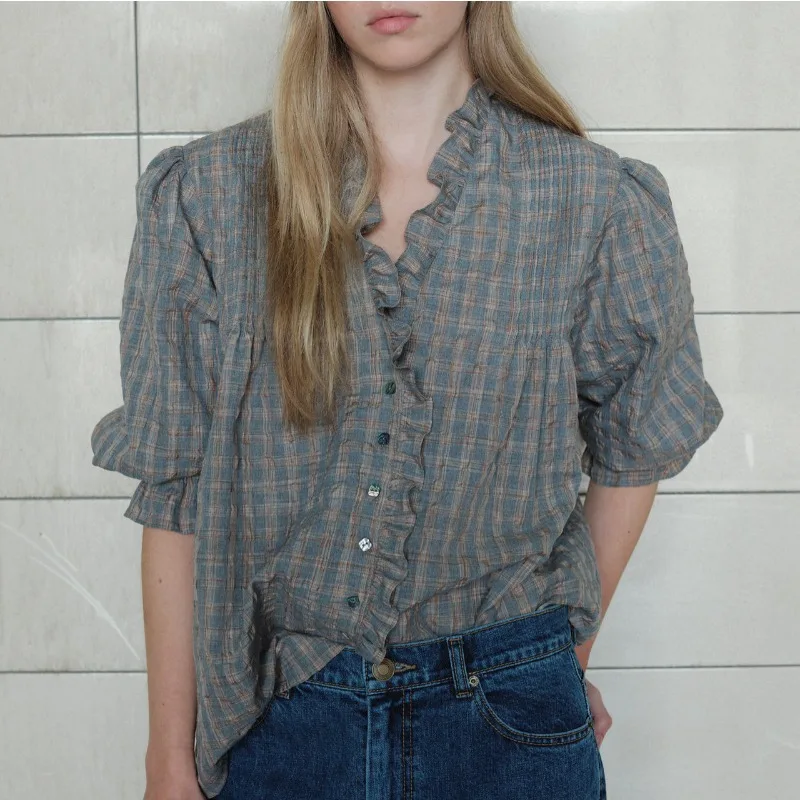 Ruffles Gingham V Neck Plaid Shirt Chic Thin Korean High Fashion Y2k Long Sleeve Blouse Women Spring Autumn Office Lady Tops