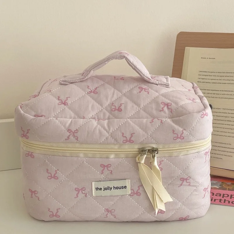 2024 Portable Zipper Makeup Pink Bowknot Quilting Women Cosmetic Bag Travel Organizer Female Handbag Toiletry Pouch For Girls