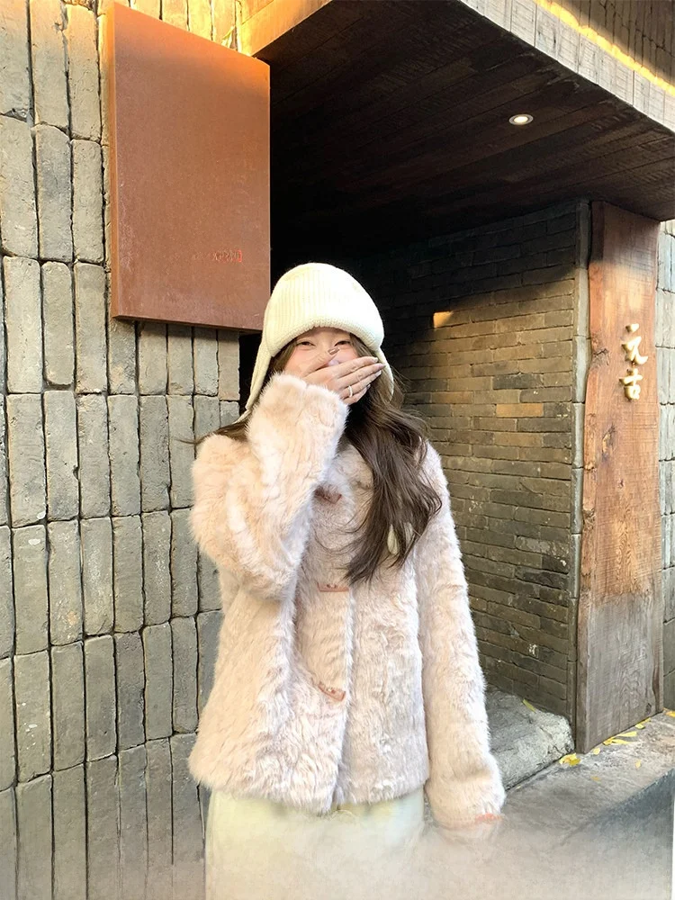 

EIA ort Fur Coat Women's Thi Warm Casual Sle Pink Fluffy Outerwear Winter Faion Korean Trendy Sle Polyester Fabric