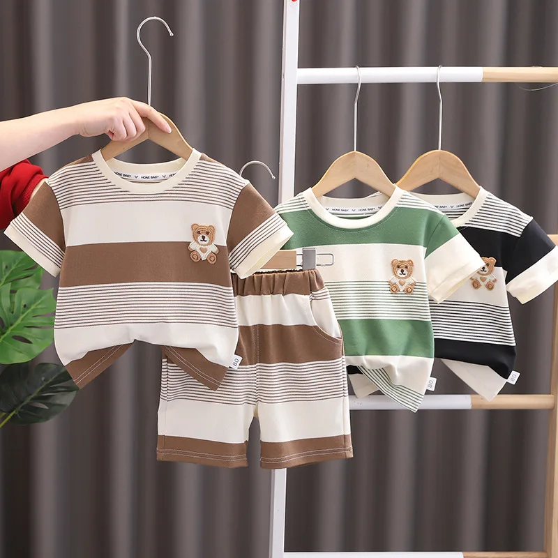 Fashion Summer Kids Baby Boys Striped Suits Cartoon Bear T-Shirt+Shorts Casual Clothes Outfit Girls Clothing 2PCS/Set