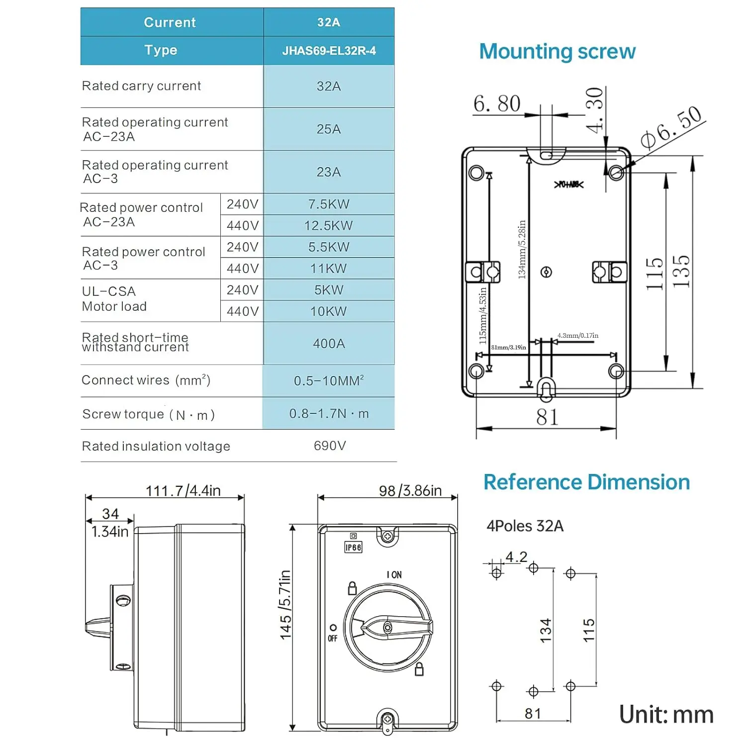 Premium 32A 690V AC 4 Pole Disconnect Switch Box, IP66 Waterproof 3 Phase PV Isolator Switch 2 Position On Off