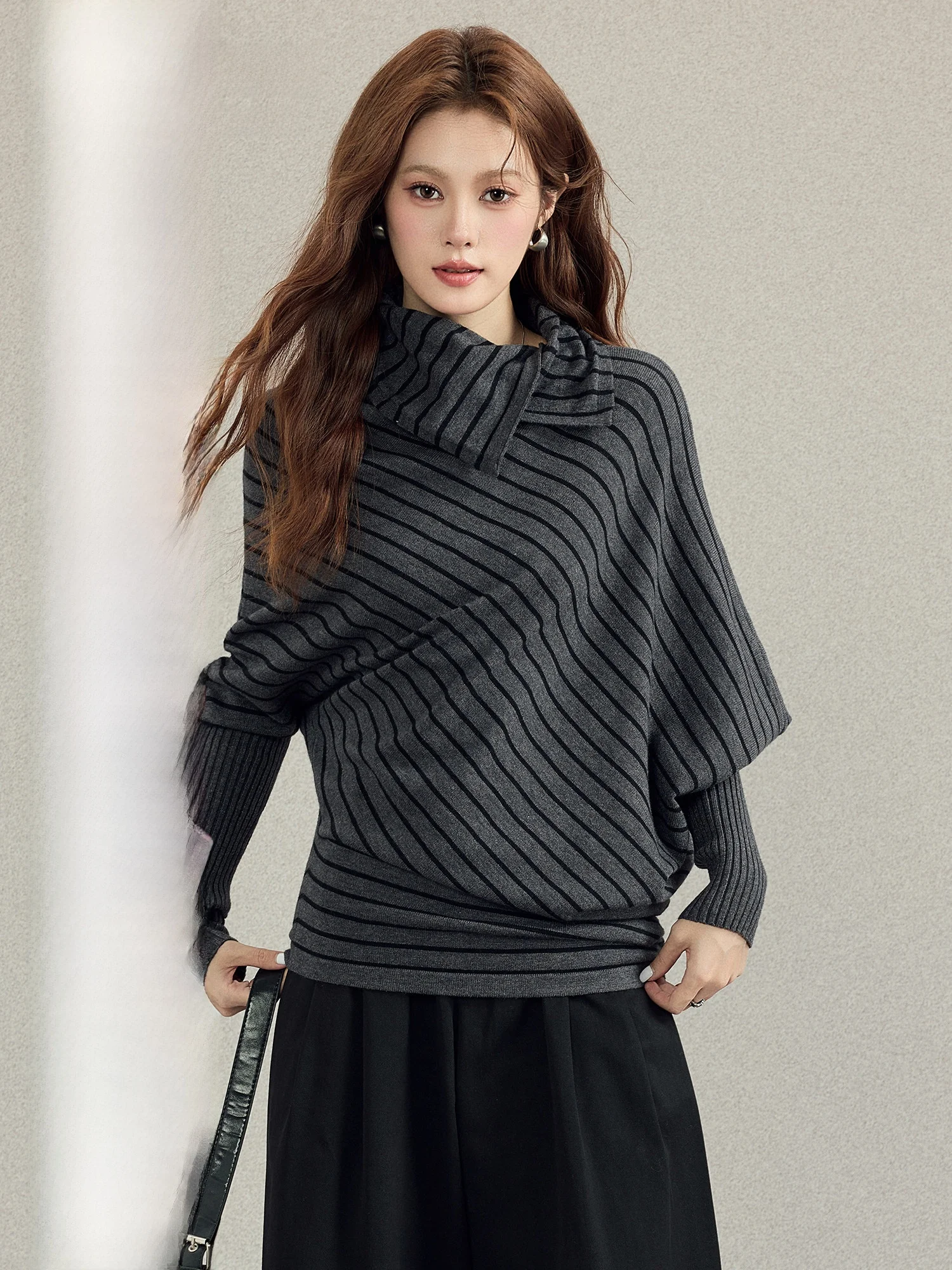 

Retro Bla ey Striped Knitwear Women's Batwing Sve Sweater Ele Design Autumn Winter Faion for Young Girls