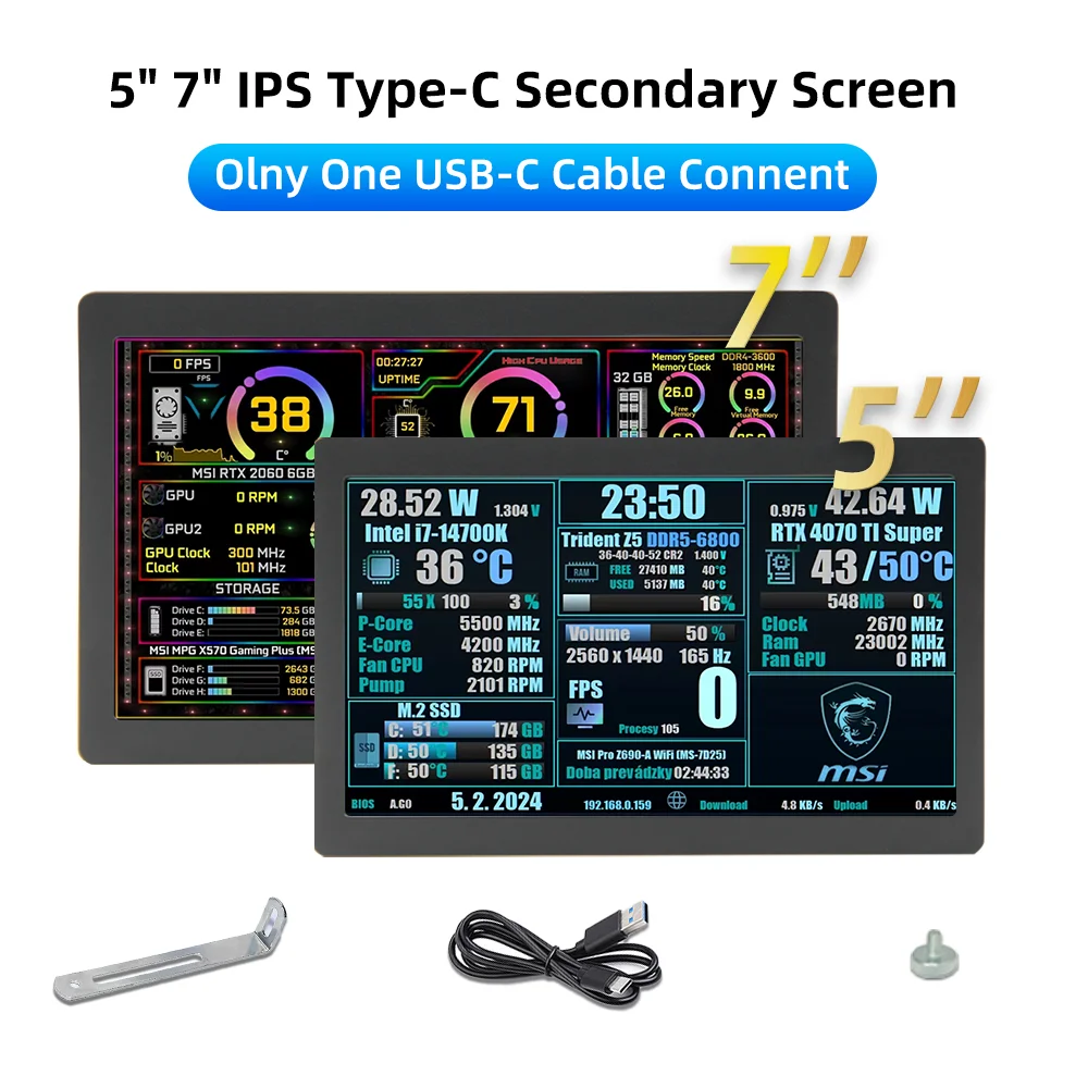 

5 7 Inch 1024x600 IPS Type-C Secondary Screen Computer LCD Monitor Display USB Dynamic Mini Display for Computer