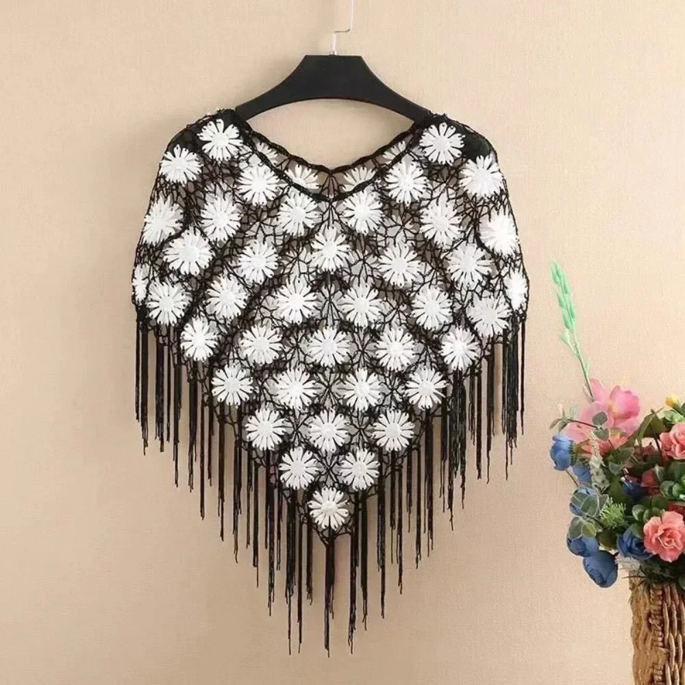 Thin Crochet Knitted Cape Ladies Fashion Ethnic Style Jackets Cloak Woman Clothing Tassels Shawl Poncho Women Summer Wraps Coats